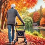 Senior walking trail with all terrain rollator walker